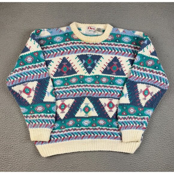 Orvis Other - Orvis Sweater Mens Medium Cream Multicolor Geometric Aztec Crewneck Hand Knitted